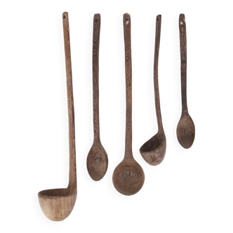 Set of 5 wooden ladles and spoons, 1950s