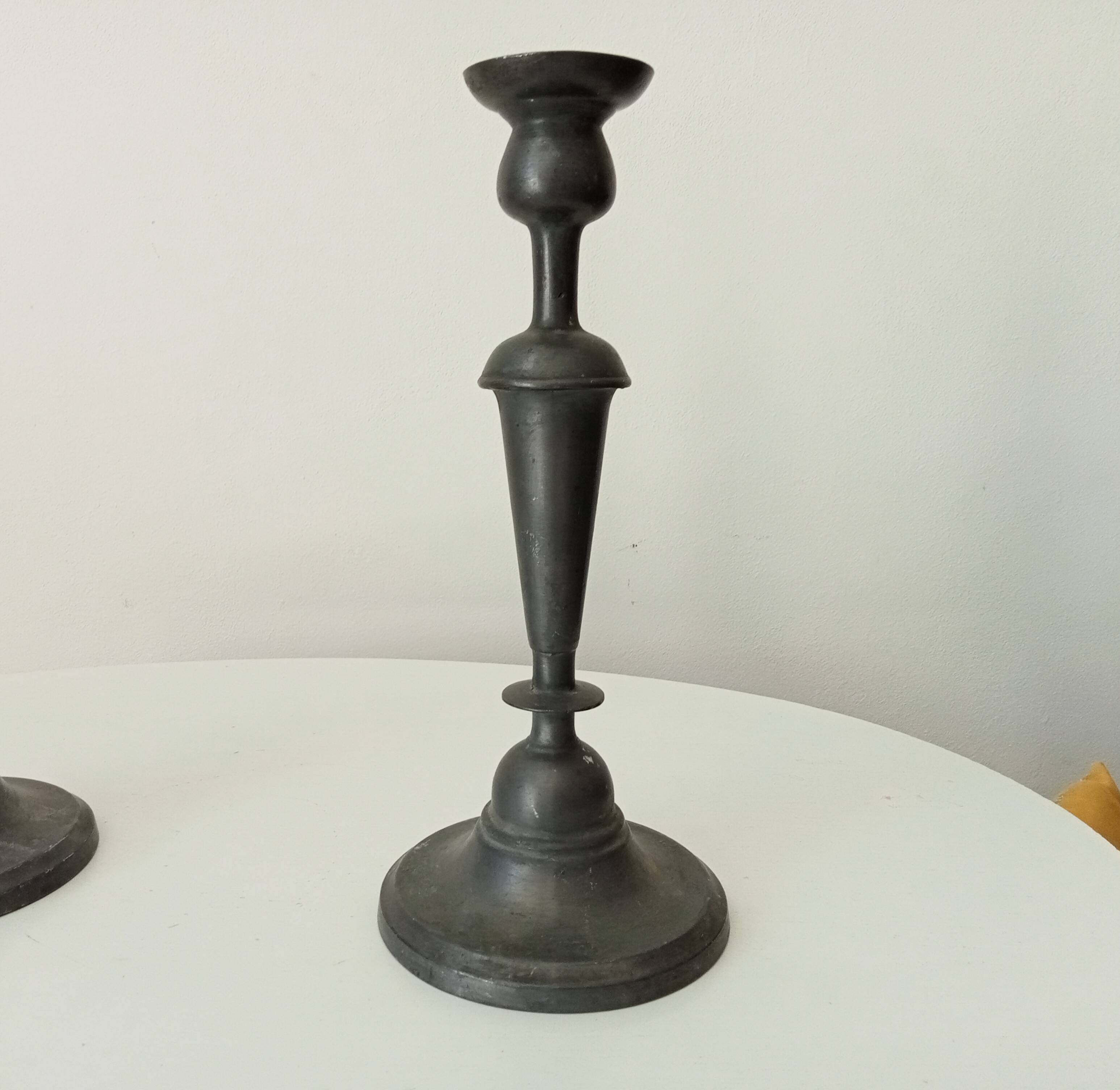 Pair of large old candlesticks in solid pewter