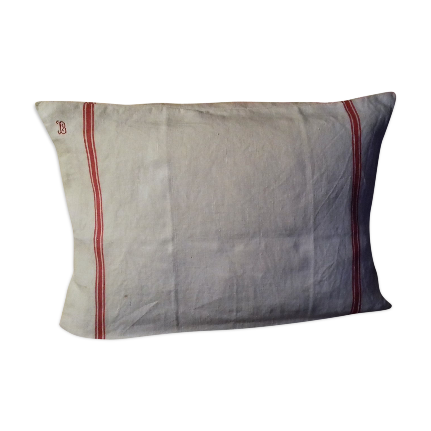 Former flax torchon cushion red stripes monogram b