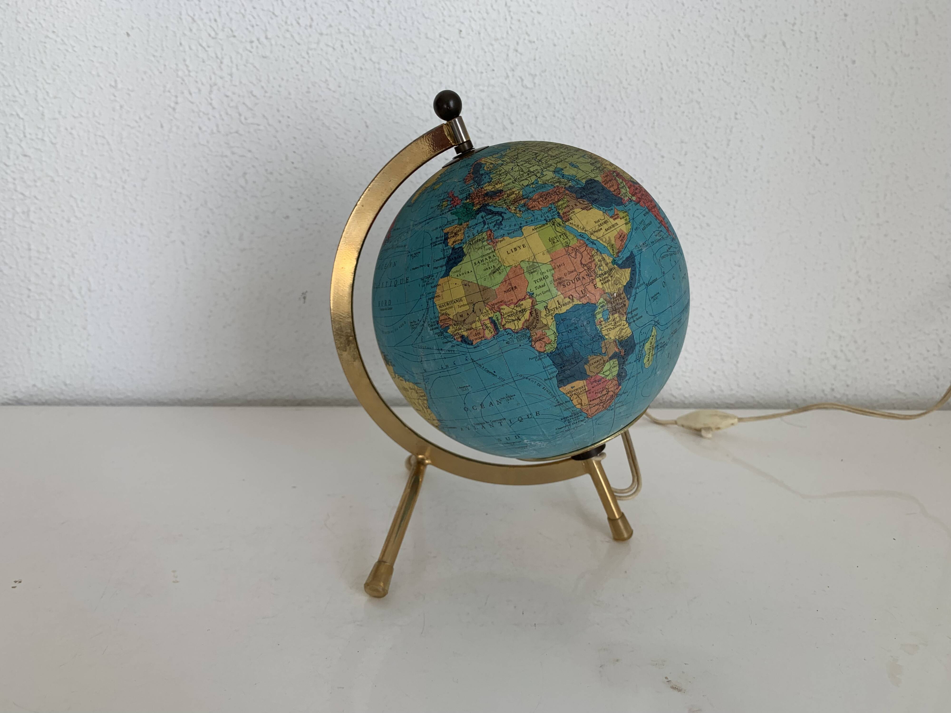 Vintage 1970s Taride tripod globe with gilded glass world map - 23 cm