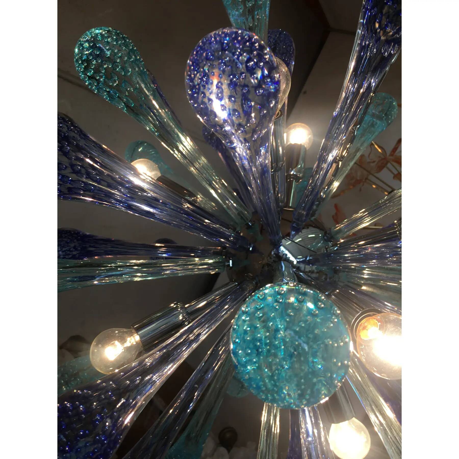 Murano Glass Sputnik Chandelier, Blue Air Drops, with Chromed Metal Frame
