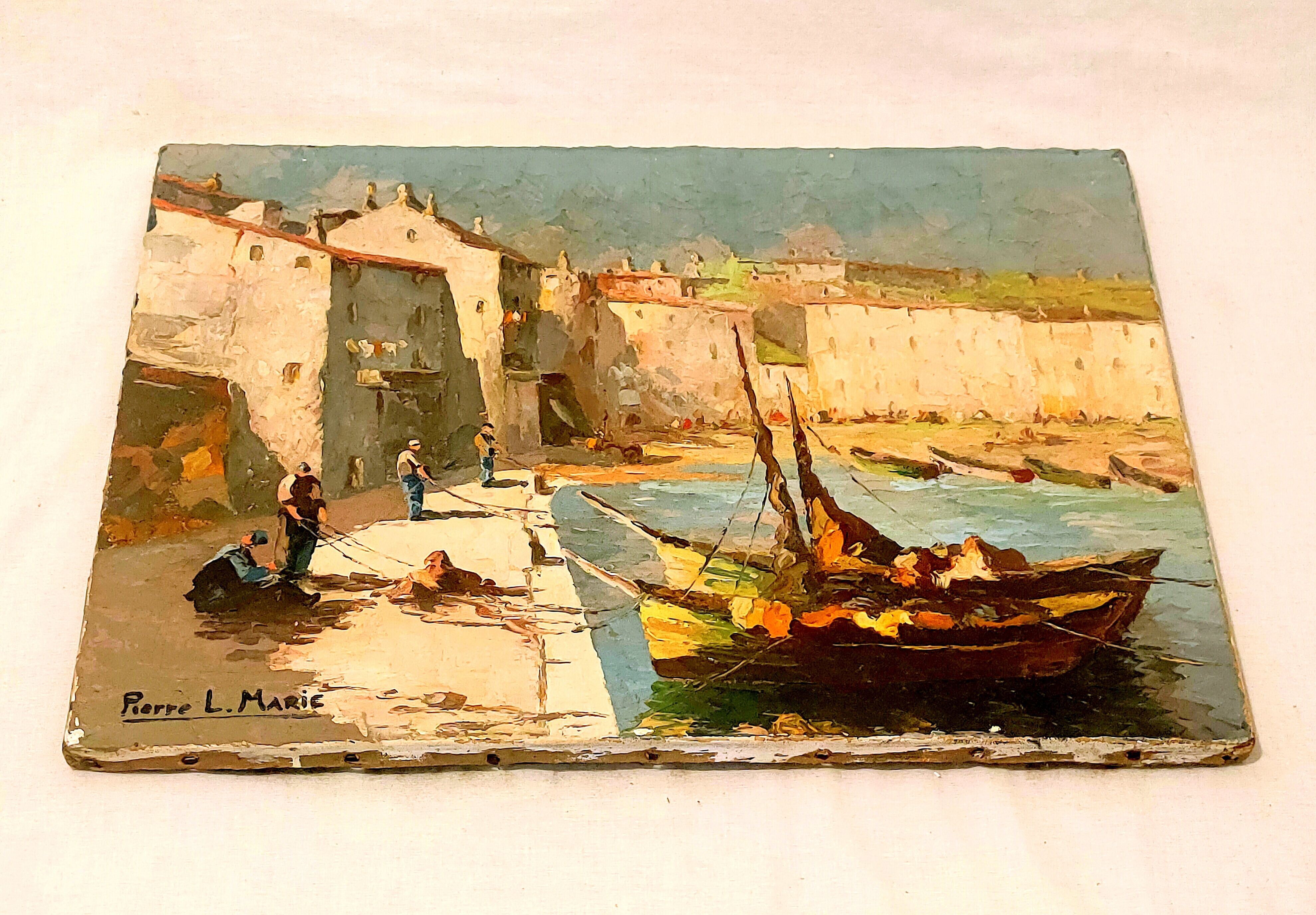 Painting oil HST signed Pierre L Marie Marine View of a South Port of the France 1900