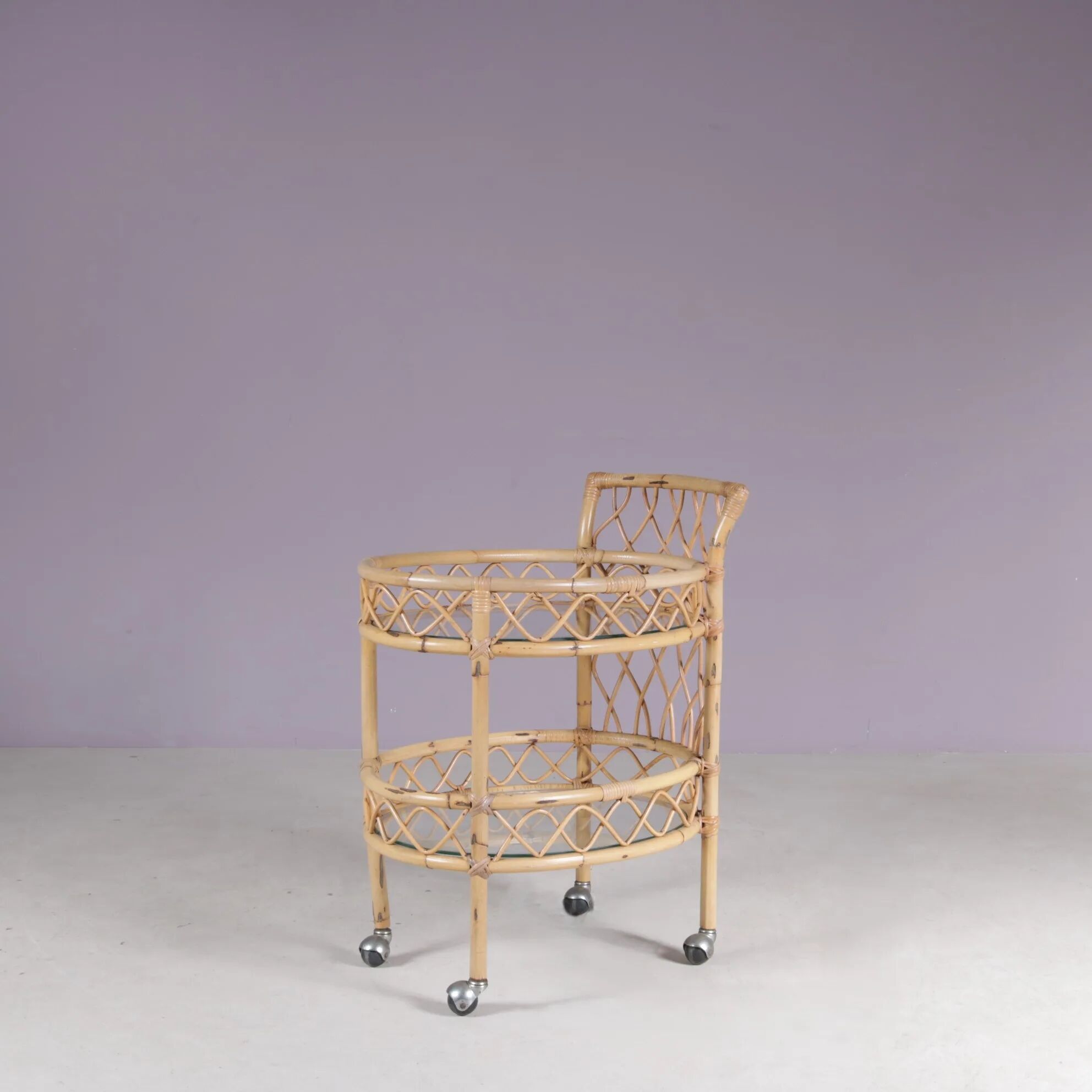 1950s bamboo trolley with two glass tops Italy
