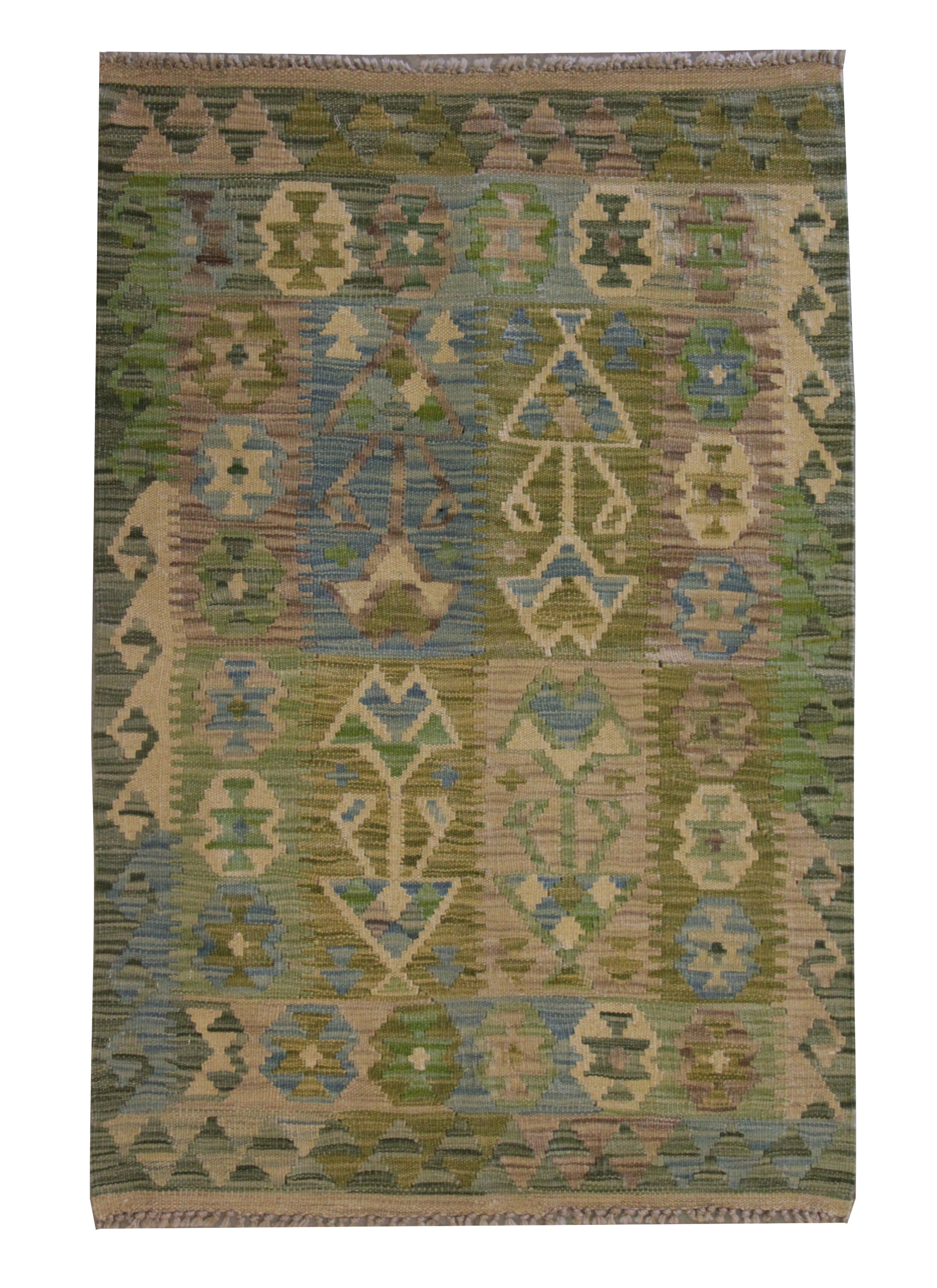 Laine verte Afghan Kilim Traditionnel Géométrique Tissé à plat Tapis fait à la main - 80x120cm