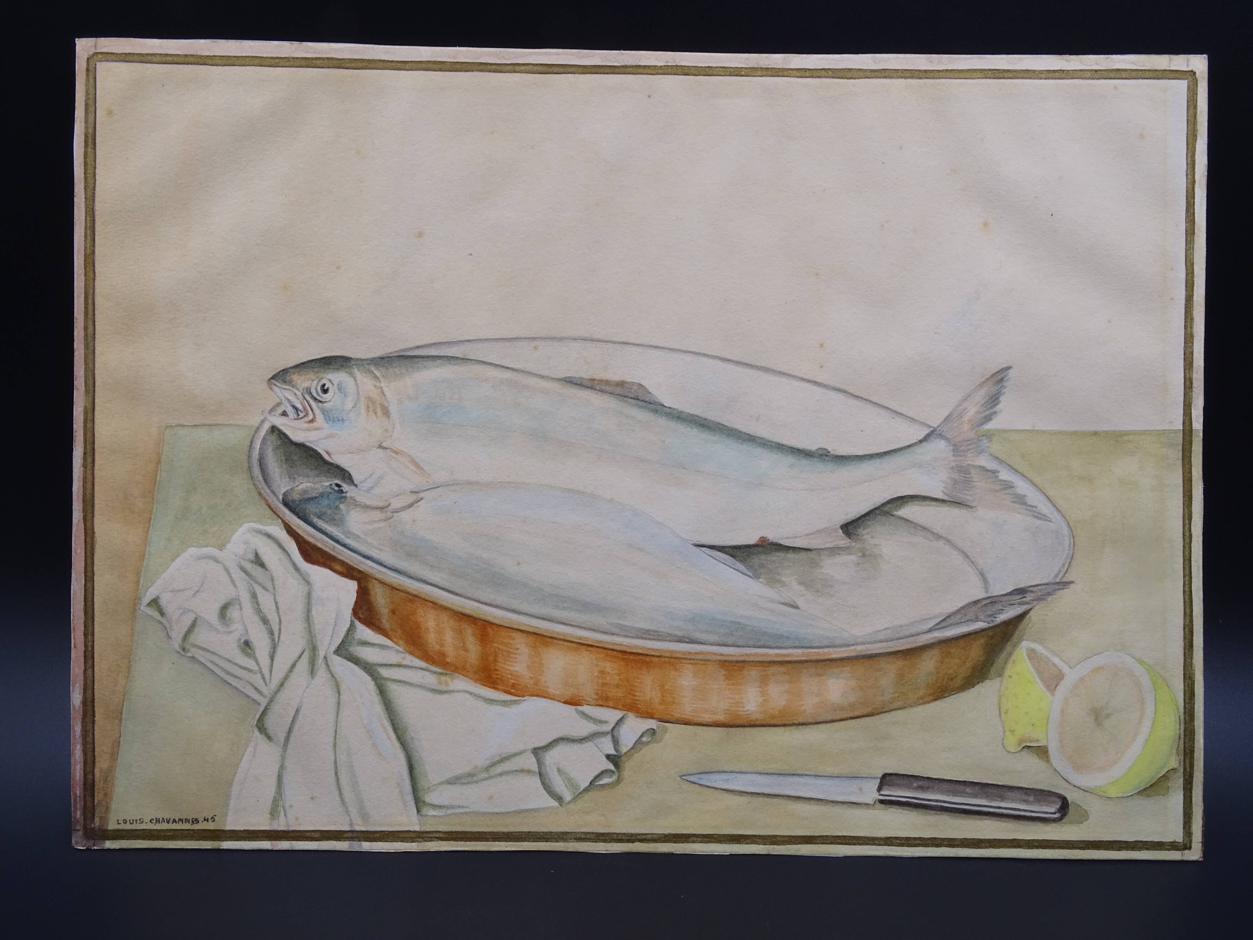 Still life with Pisces, lemon and knife by Louis Chavannes - Watercolor dated 1945
