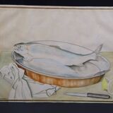 Still life with Pisces, lemon and knife by Louis Chavannes - Watercolor dated 1945