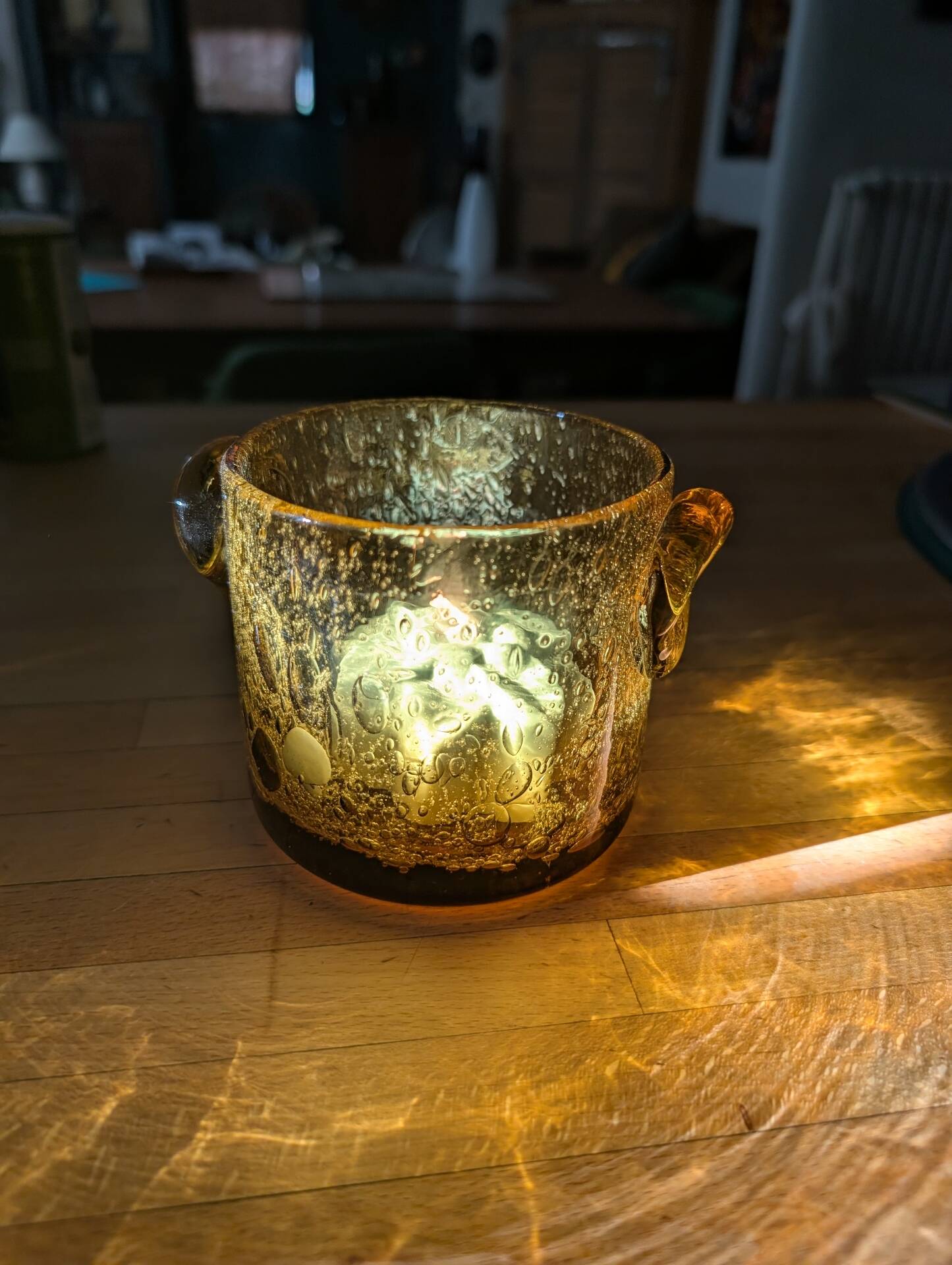 Small vase or amber bubbled glass tealight holder