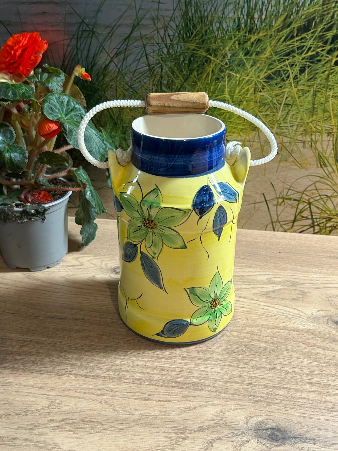Ceramic milk jug with floral decoration / vase / pitcher green / yellow 20cm