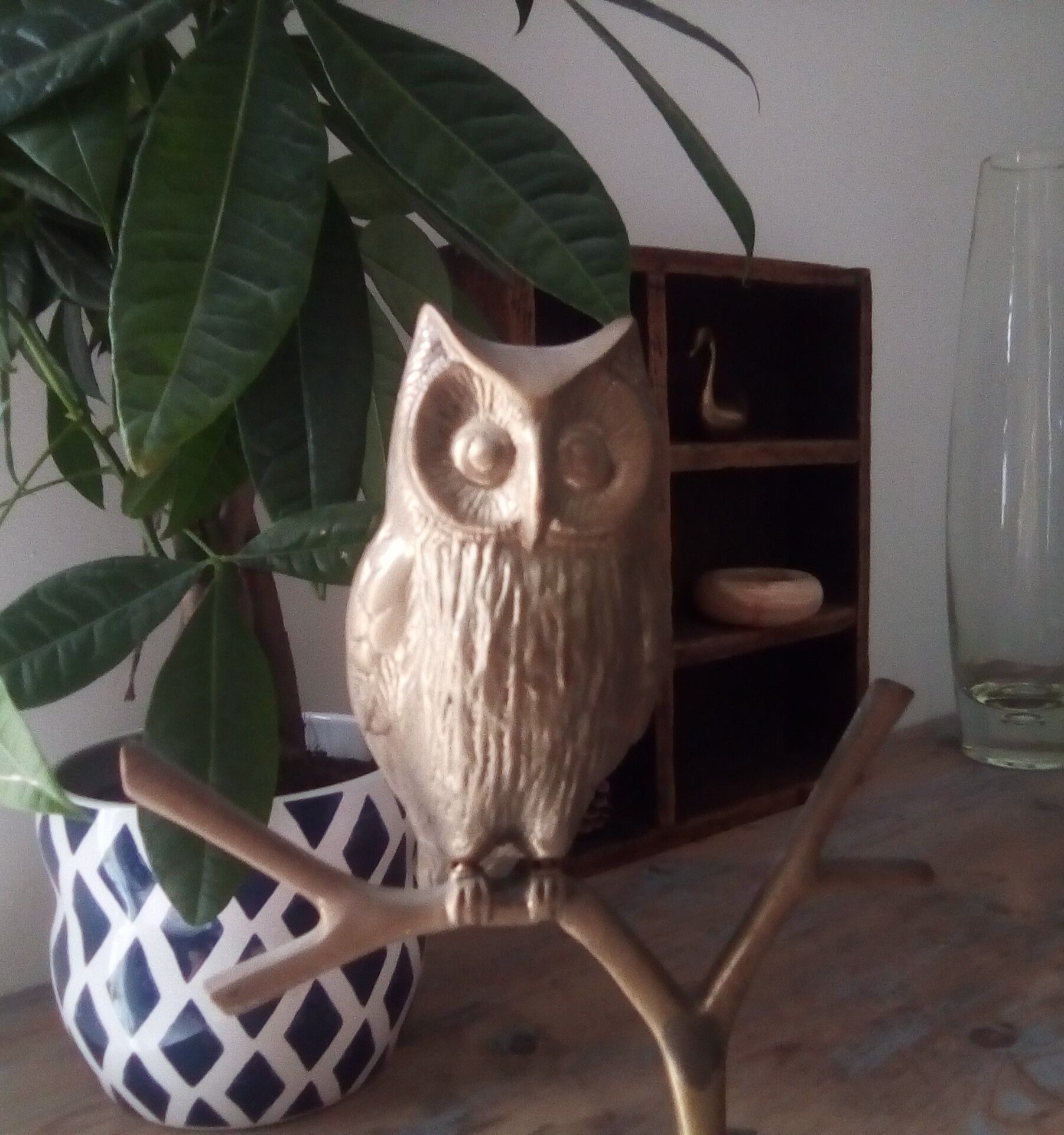 Owl on massive brass tree 70s