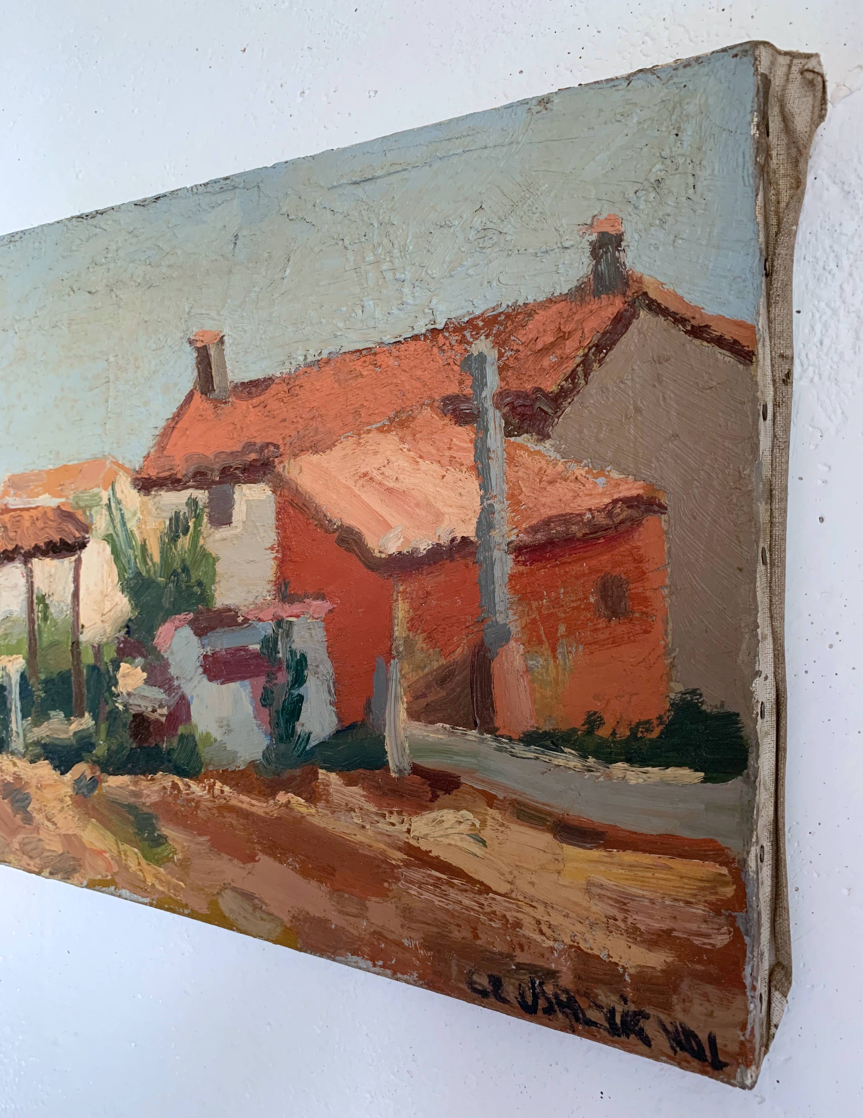 Ancient oil painting on canvas landscape of the south of France