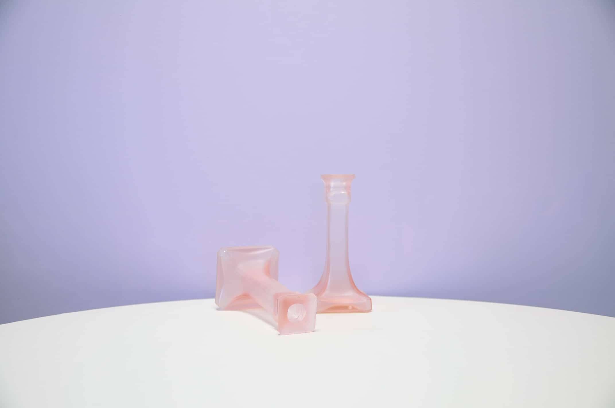 Set of 2 pink glass candlesticks