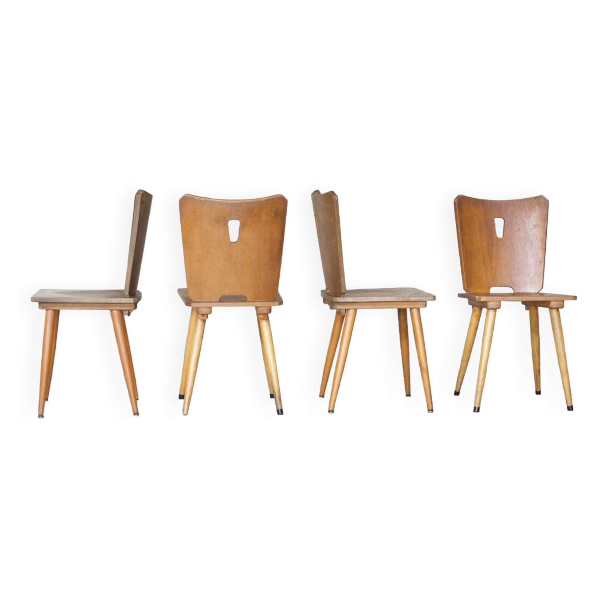 Series of four vintage brutalist wooden chairs 1960