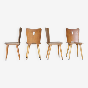 Series of four vintage brutalist wooden chairs 1960