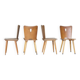 Series of four vintage brutalist wooden chairs 1960