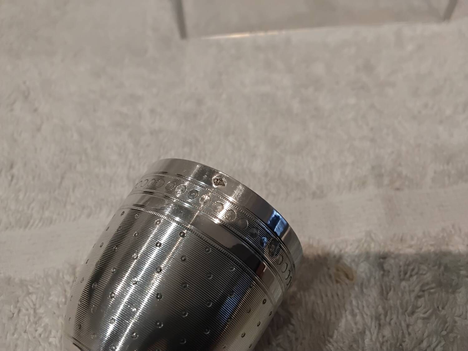 950 silver guilloche egg cup in the Louis XVI style, made by Paillard Freres silversmiths