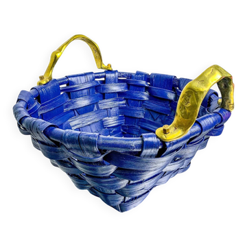 Brutalist large basket by David Marshall, cobalt blue rattan & bronze handle, 1980s