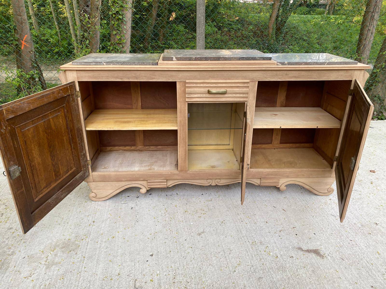 Renovated art deco sideboard in solid raw oak and gray marble 190cm