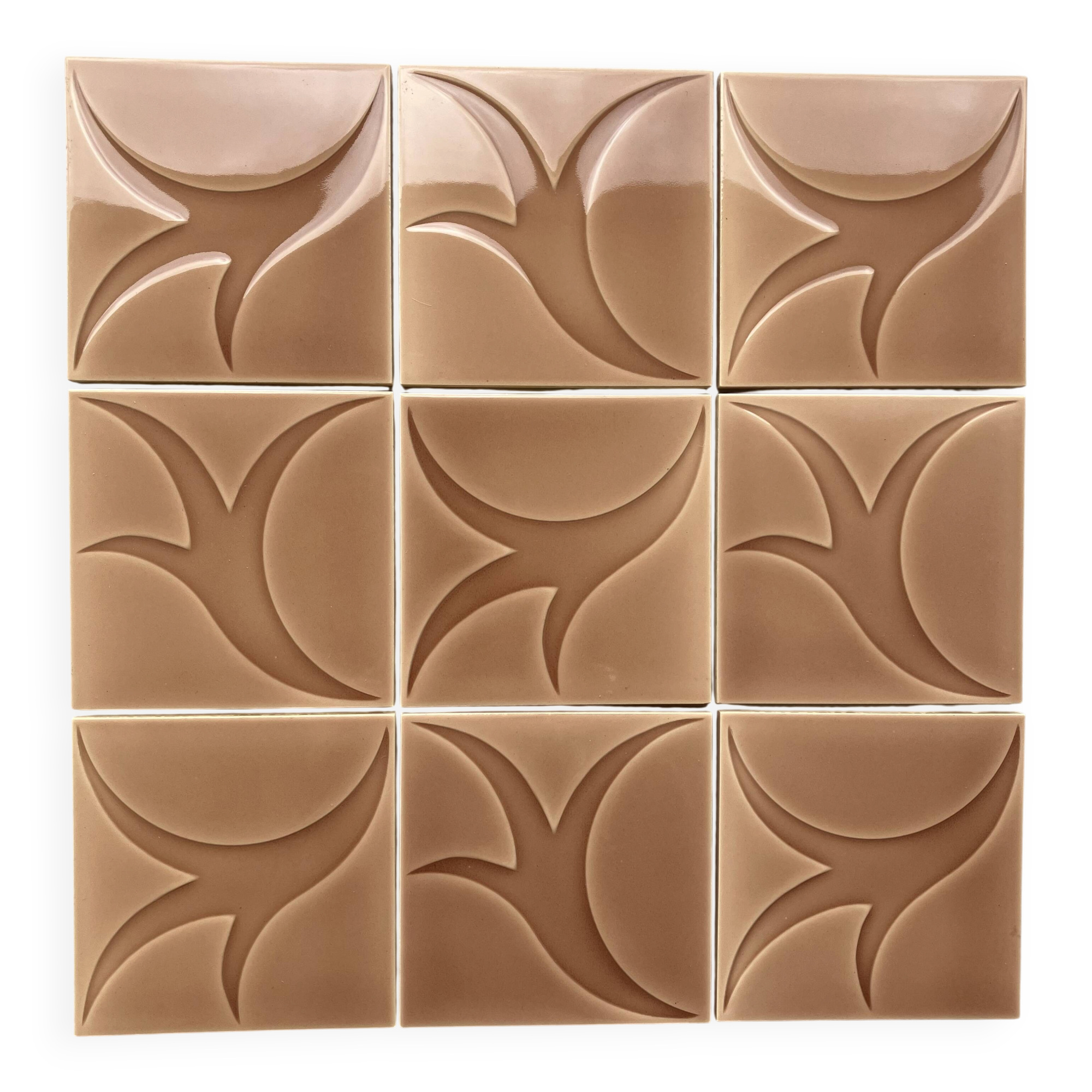 Relief tiles Desvres Mid Century Lot of 9 dark beige colours