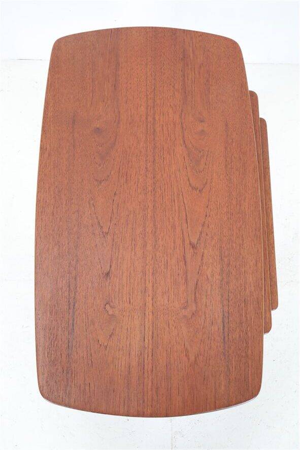 Rare set of three teak nesting tables with cane magazine rack / side tables / mid-century Danish modern design / 1950s / 1960s