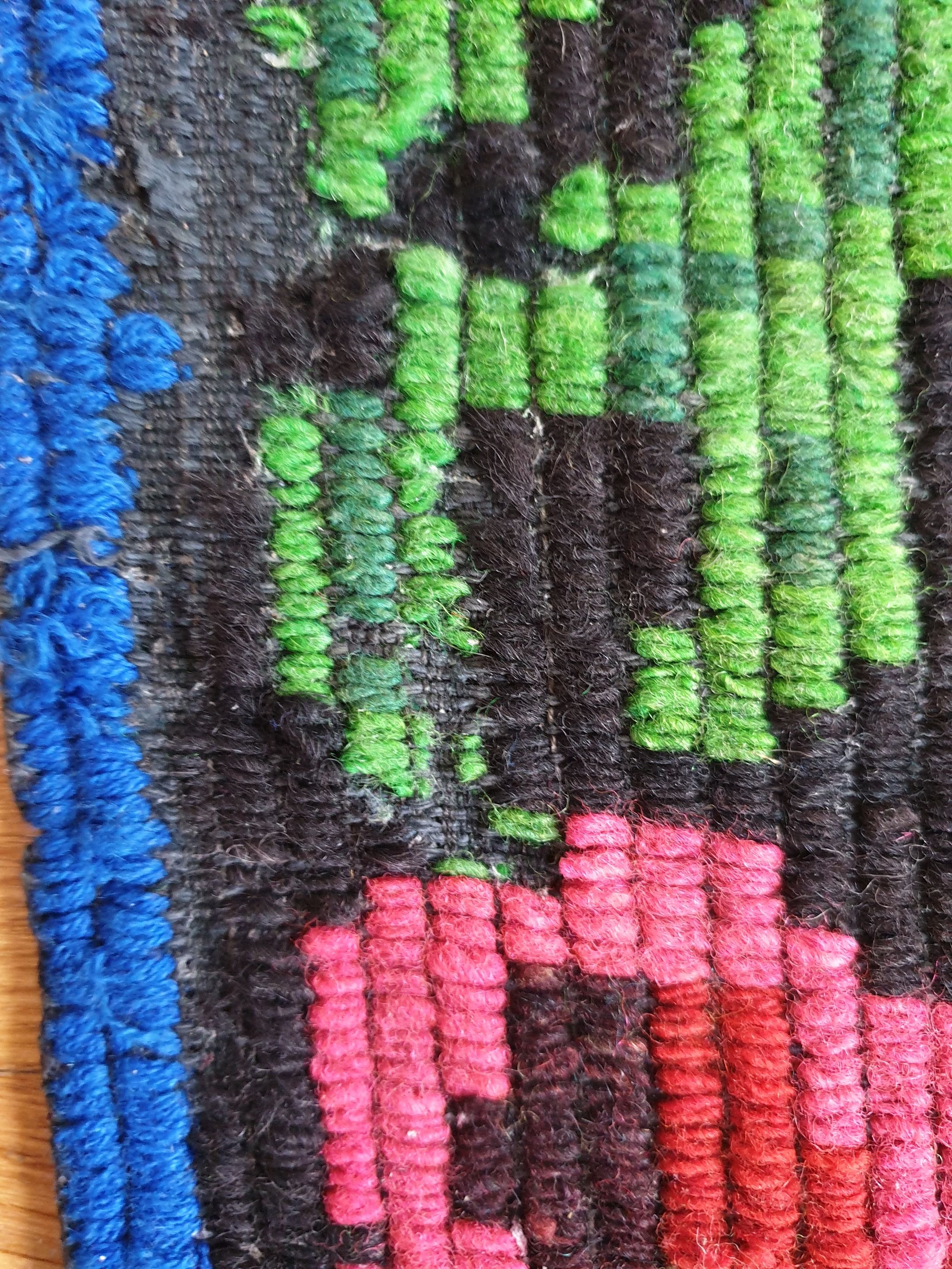 Bohemian blue handwoven carpet with roses made in Romania