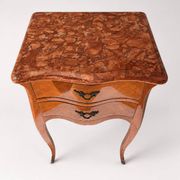 Pair of French rosewood bedside tables, marble top, inlaid beds.