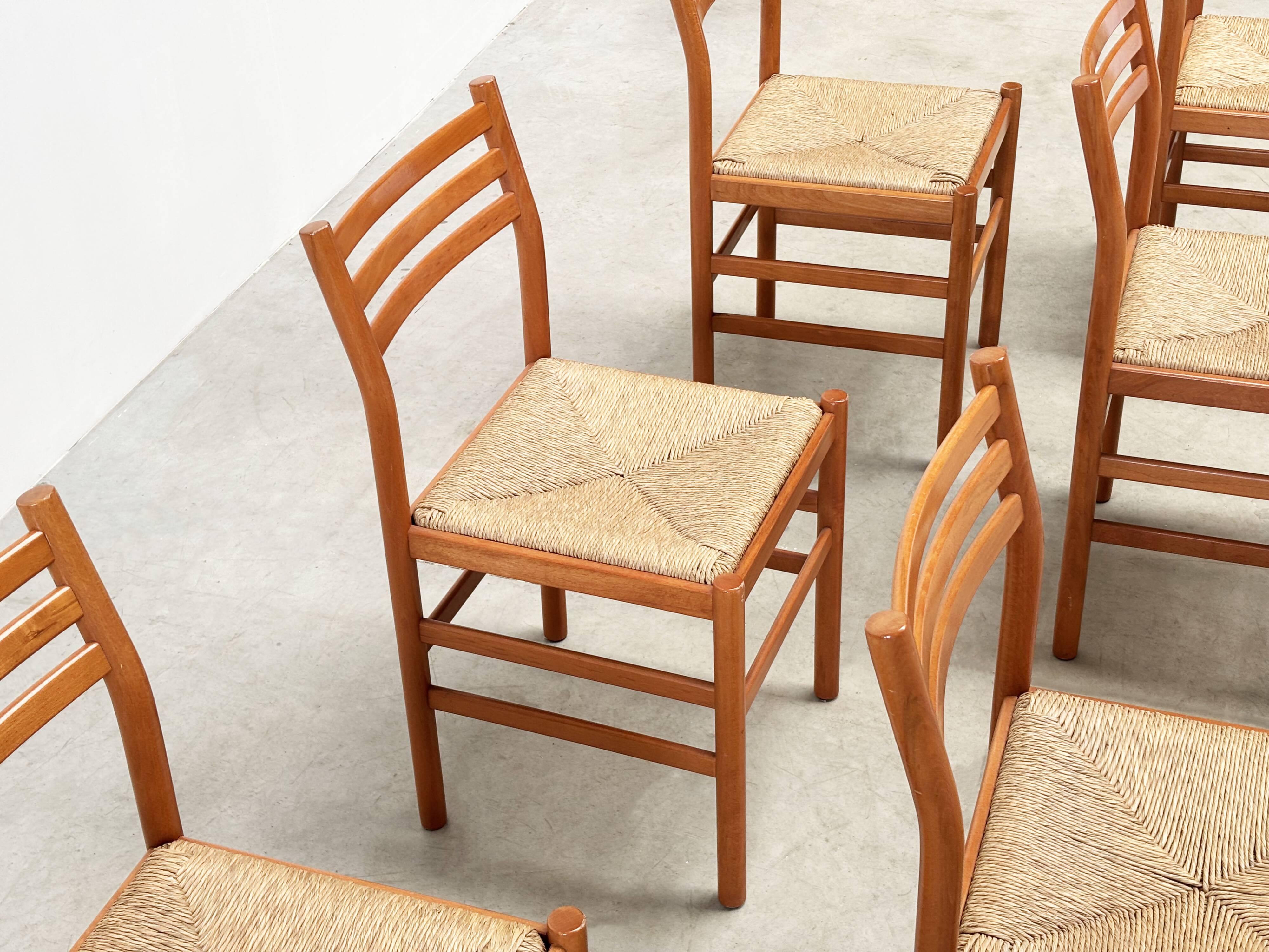 Set of six walnut and rattan dining chairs