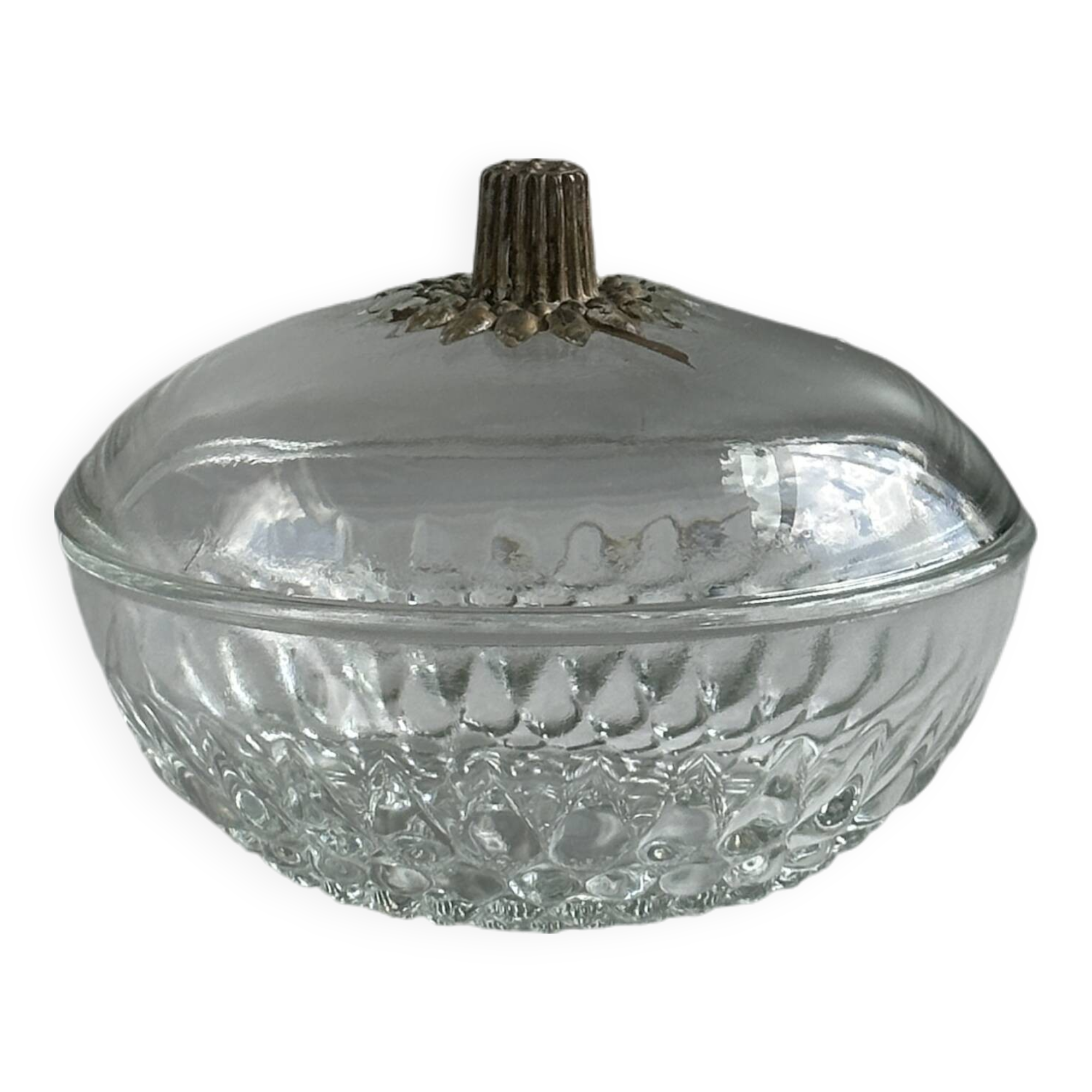 Glass sugar bowl with floral decoration lid