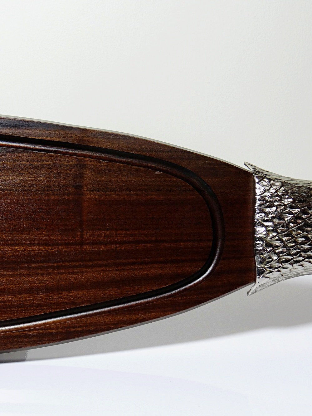 Large vintage 1960s wooden and silver-plated metal salmon serving tray