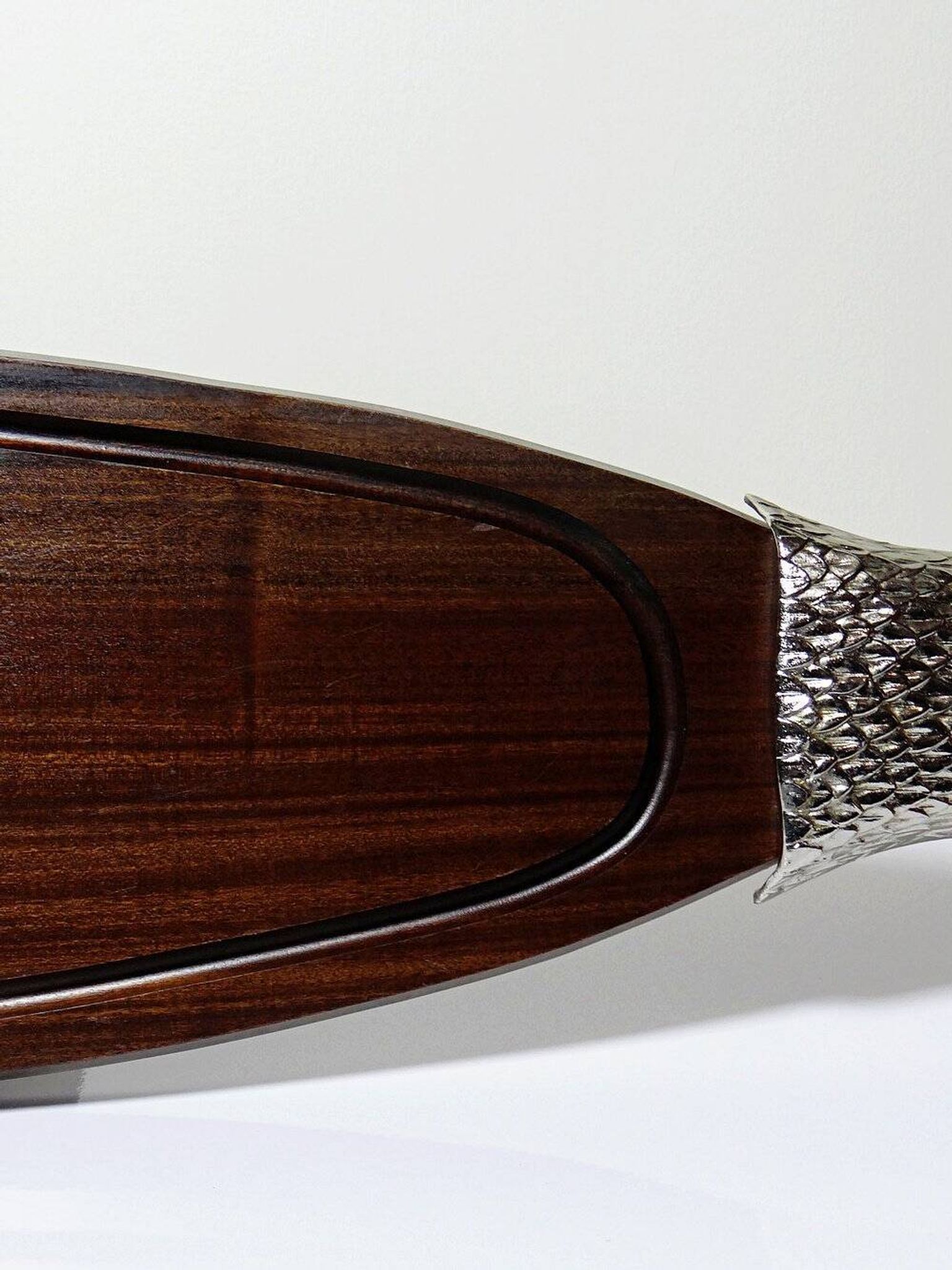 Large vintage 1960s wooden and silver-plated metal salmon serving tray