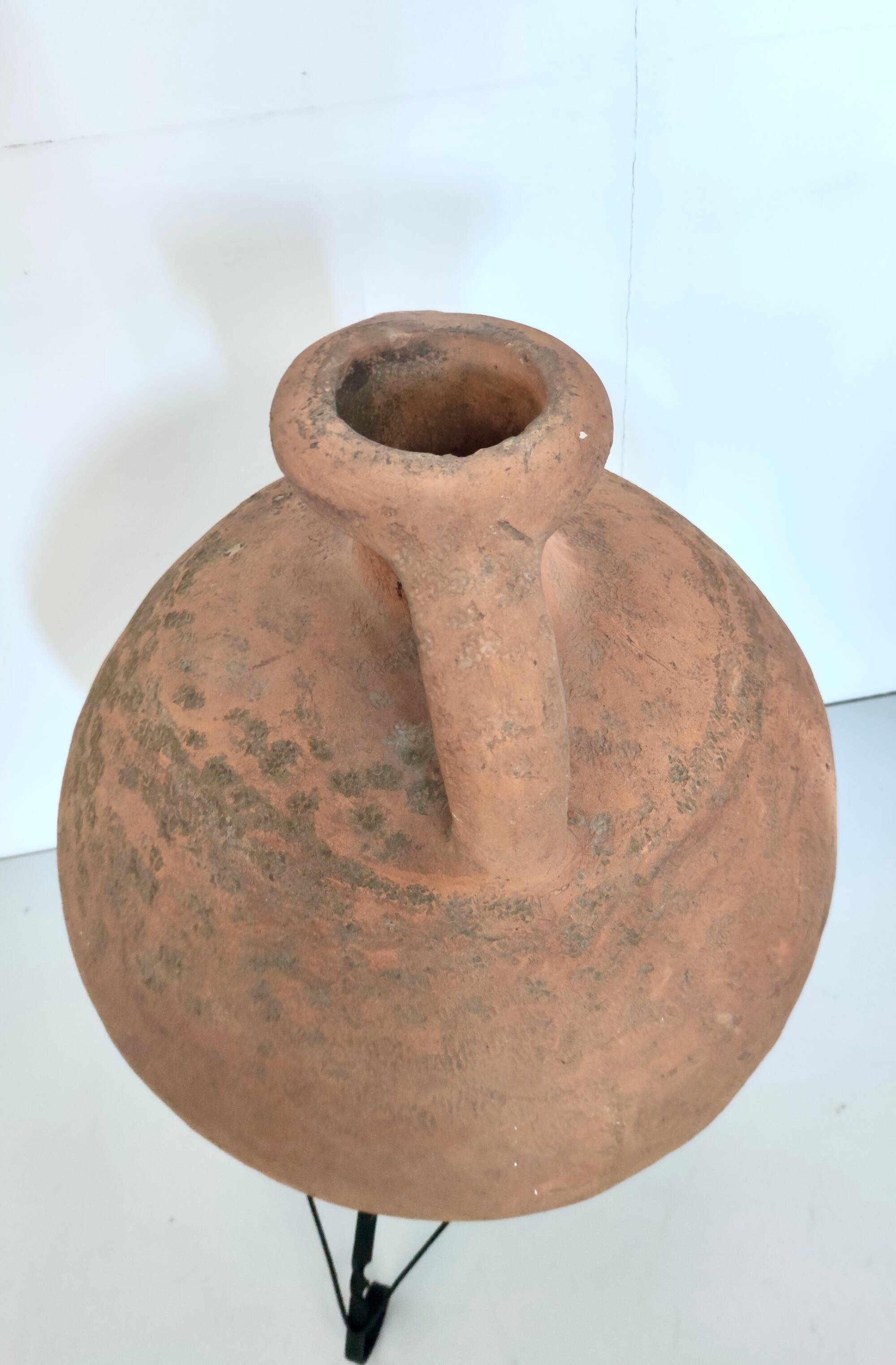 Hand-Modeled Earthenware Jar with a Black Varnished Iron Stand, Italy