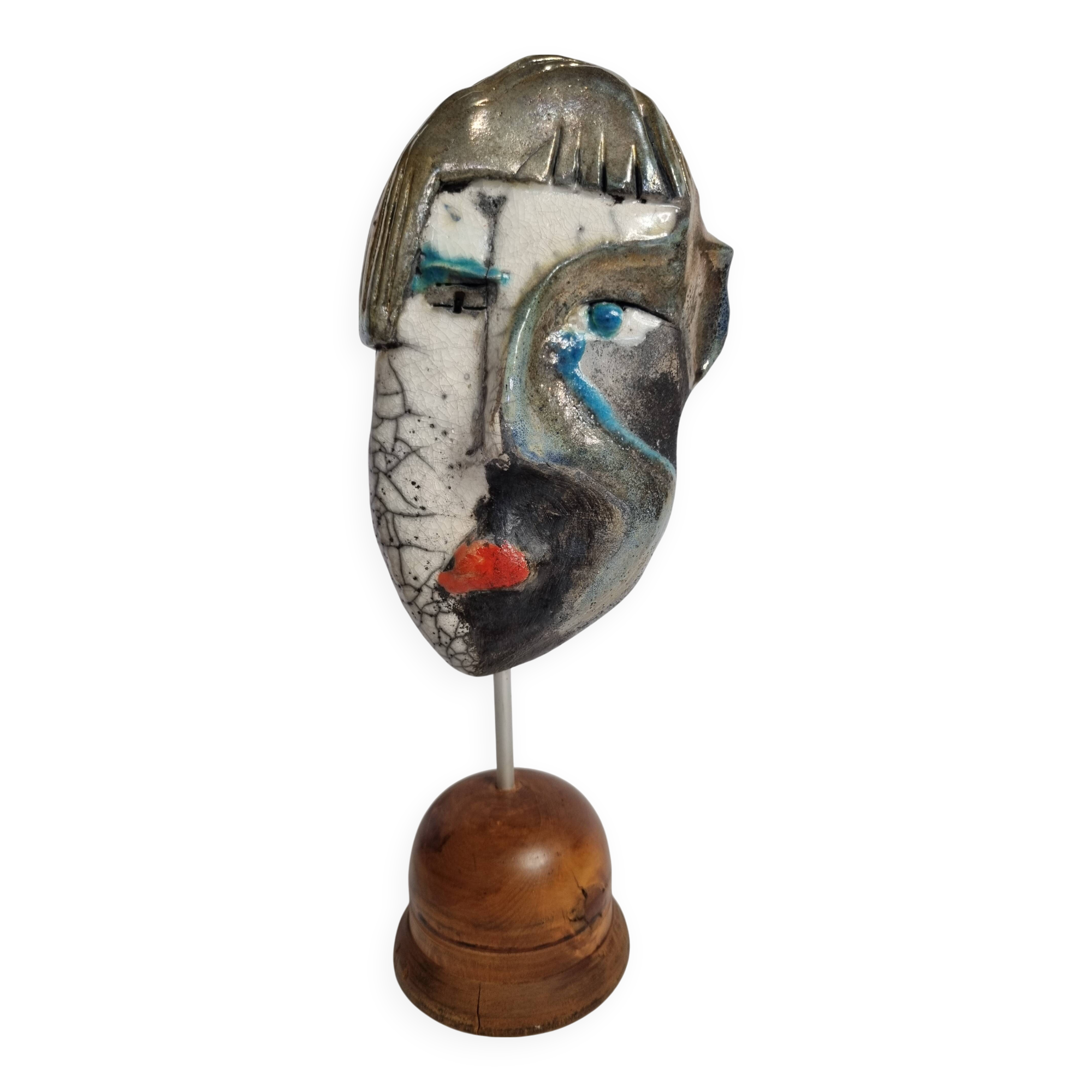 Signed raku ceramic mask on wooden base Contemporary sculpture 30 cm