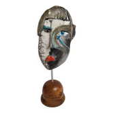 Signed raku ceramic mask on wooden base Contemporary sculpture 30 cm
