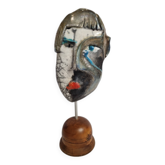 Signed raku ceramic mask on wooden base Contemporary sculpture 30 cm