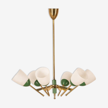 VINTAGE 60'S CHANDELIER IN BRASS, GLASS AND GREEN METAL ITALIAN DESIGN