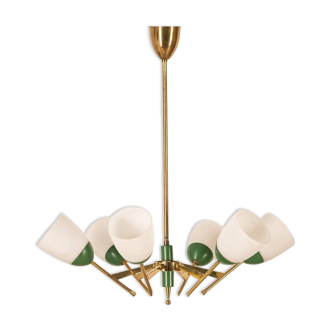 Lustre en laiton, verre et métal vert, design italien années 60