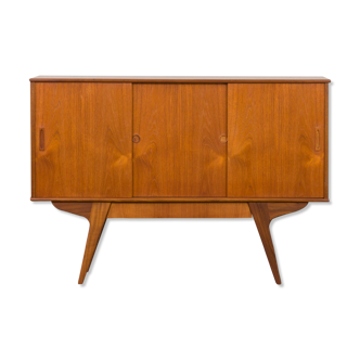 Danish highboard in teak with solid teak base and hidden drawer, Randers, Denmark 1960s.