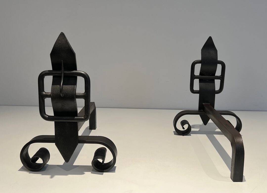 Pair of Wrought Iron Andirons with Obelisk and Belt Motifs