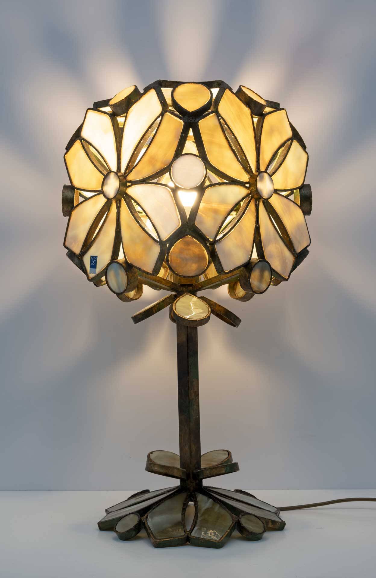 Rare Brutalist Italian Glass Paste and Wrought Iron Table Lamp by Longobard