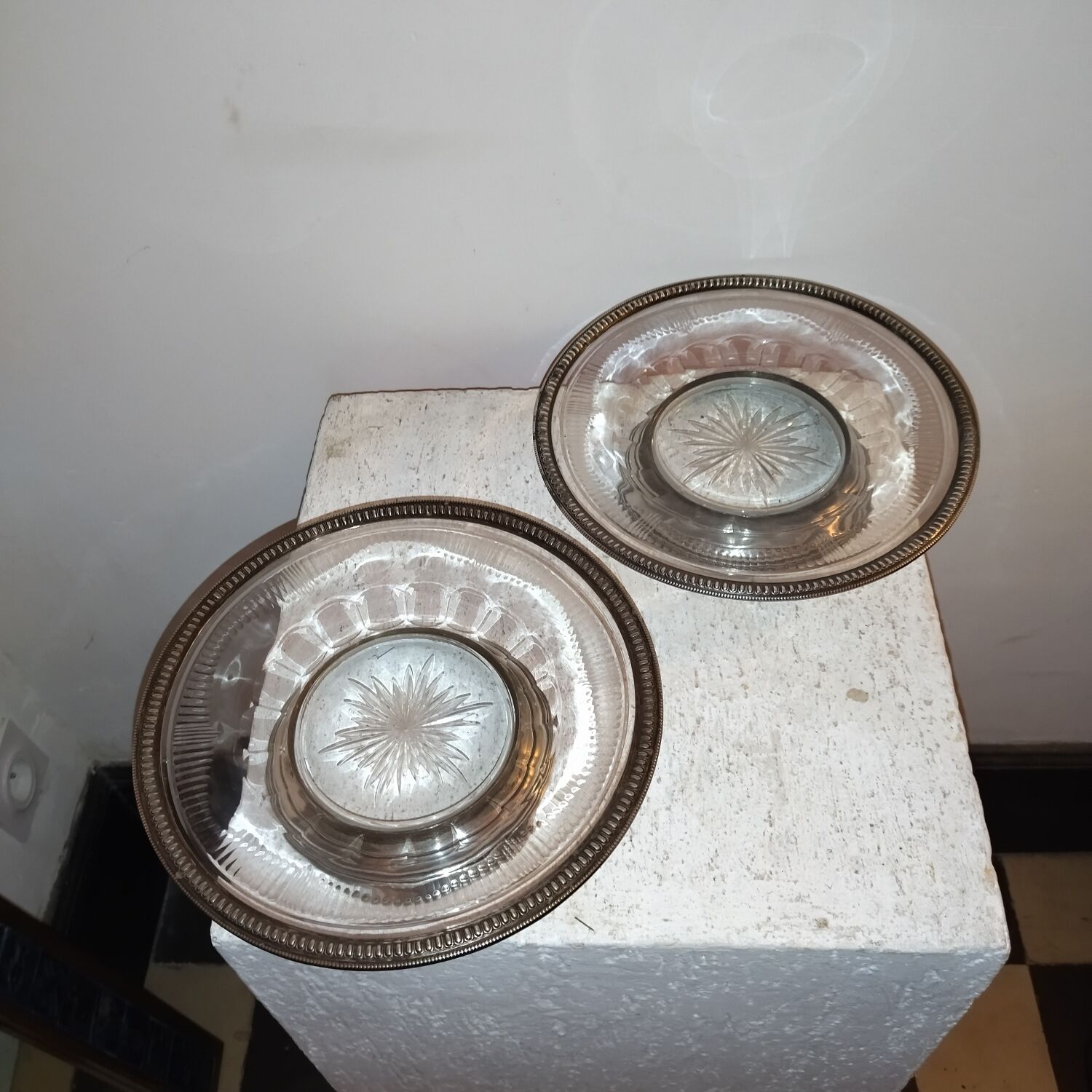 Pair of cutting trays cut glass solid silver