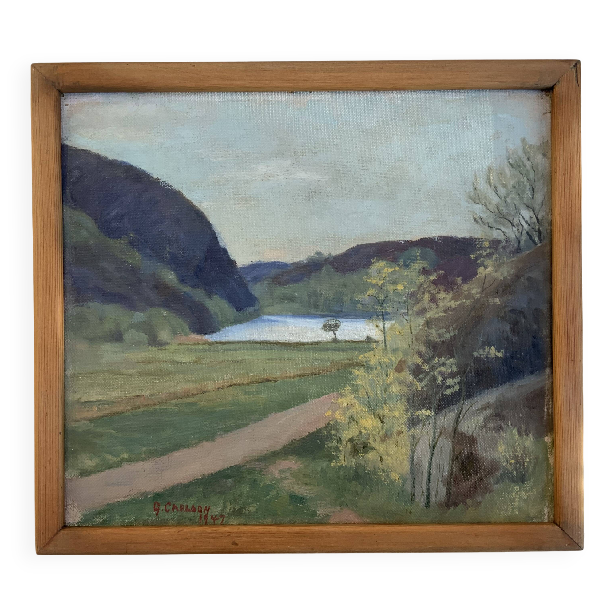 Small Vintage Oil Landscape signed by artist G. Carlson 1947
