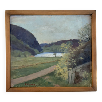 Petit paysage à l'huile vintage signé par l'artiste G. Carlson 1947