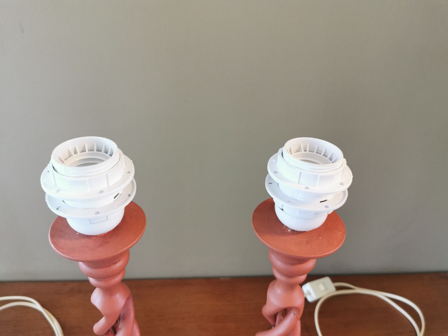 Pair of vintage twisted wood lamps