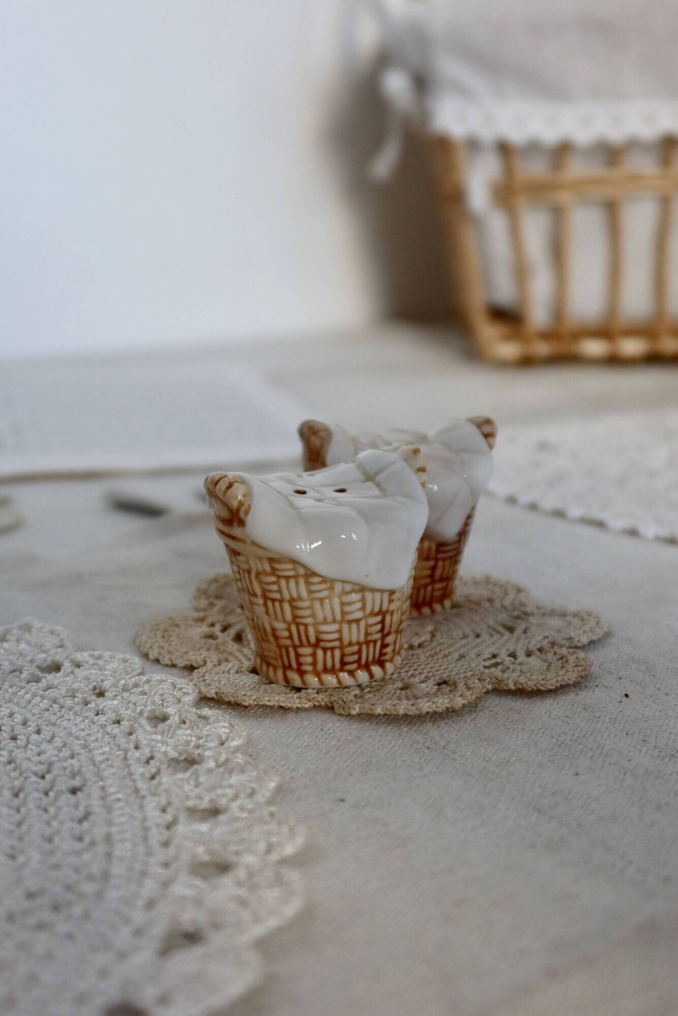 Paire de salière et poivrier vintage barbotine panier de linge
