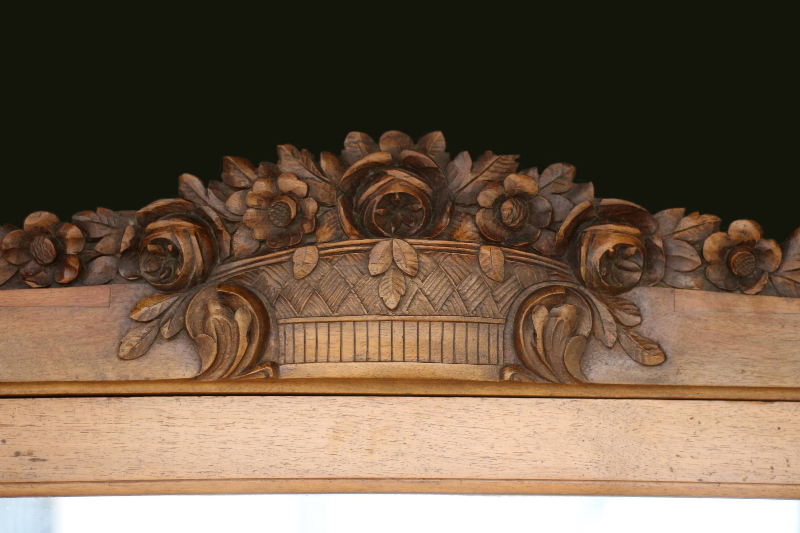 Majestic solid walnut wardrobe. Stamped work, late 19th century.