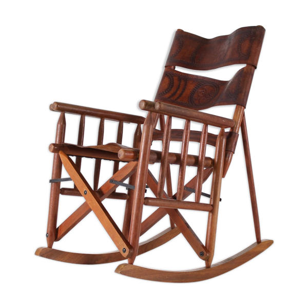 Folding Rocking Chair In Leather Selency, Folding Leather And Wood Rocking Chair