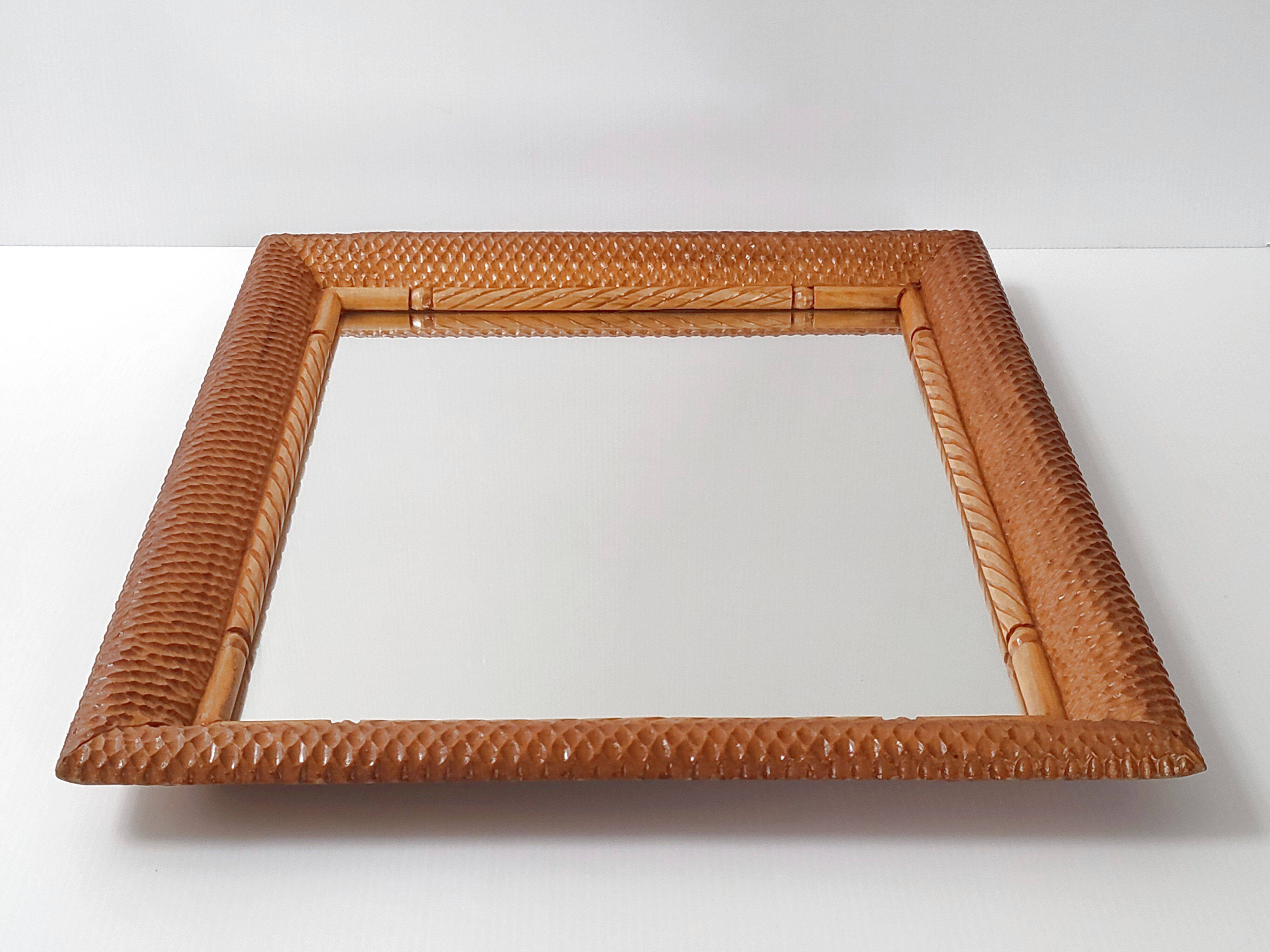 Vintage mirror 1950 in honeycomb-style carved wood
