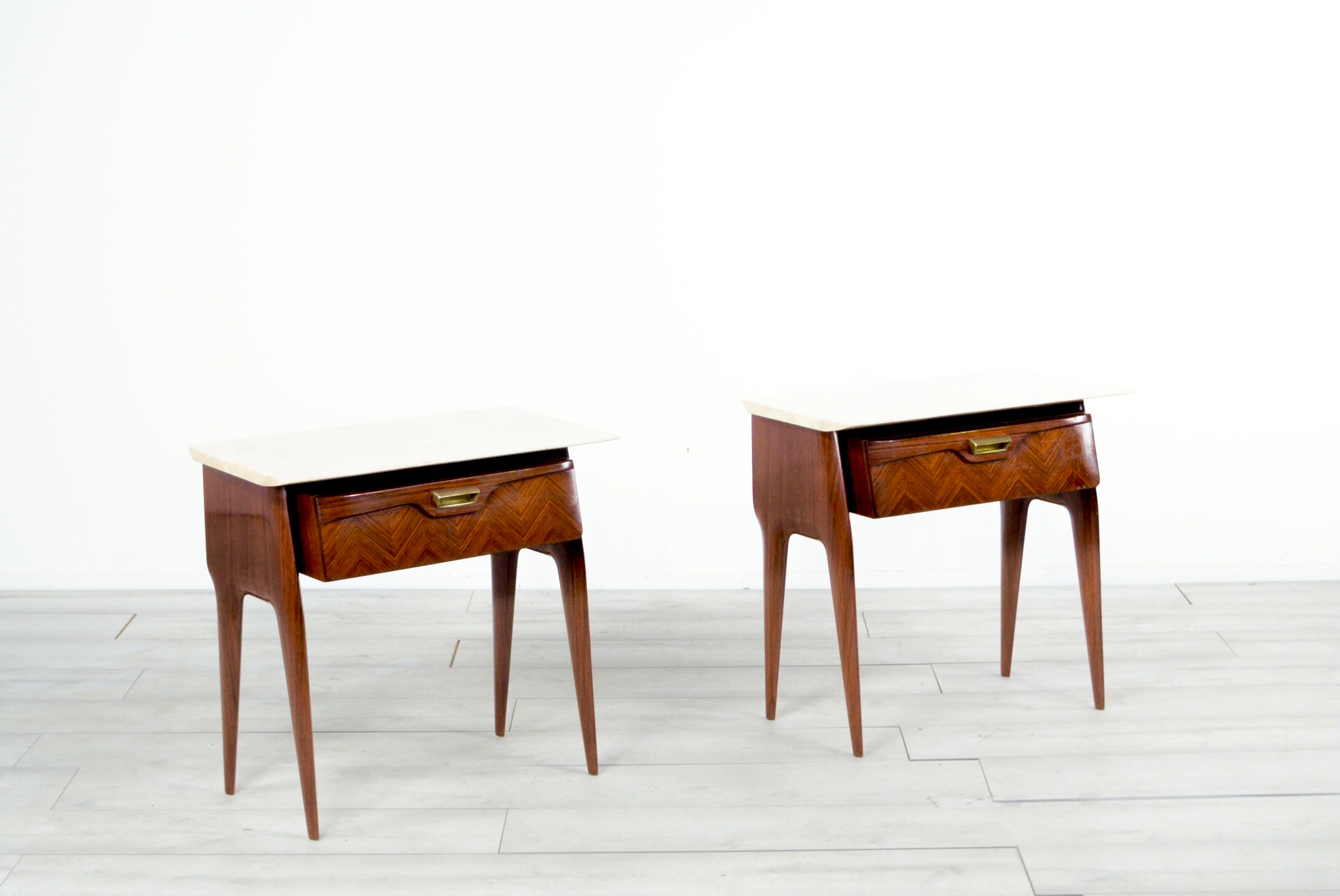 Set of 2 italian midcentury rosewood, carrara marble and brass bedside tables / cabinets. vintage