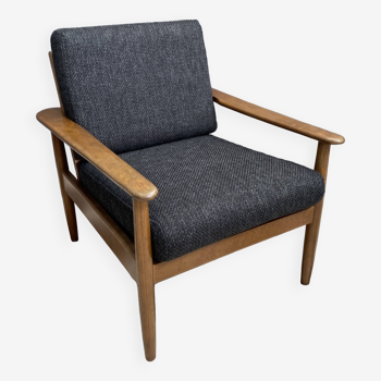 Fauteuil relax en tissu noir, avec structure en bois, années 1960