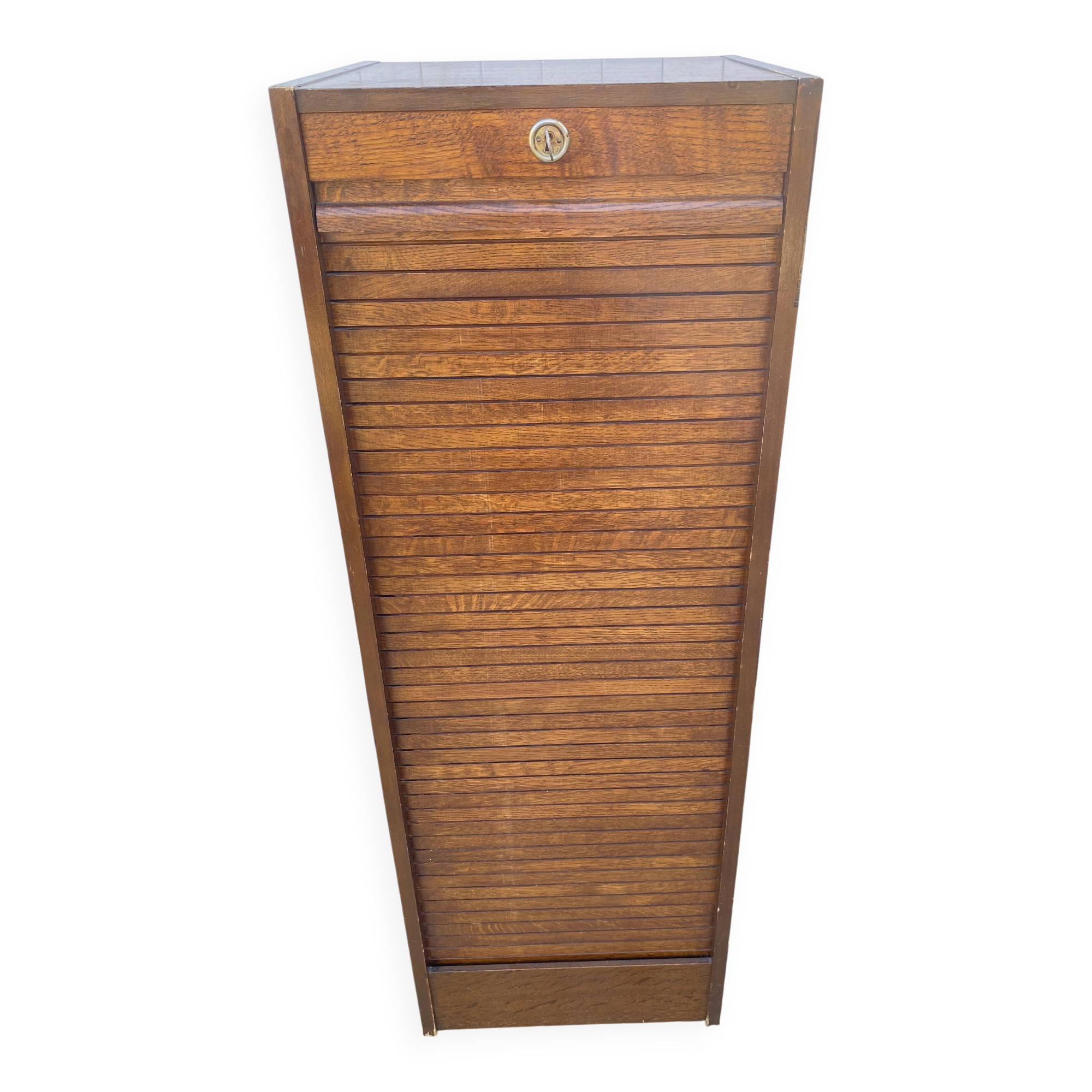 1970 oak office storage cabinet with curtains.