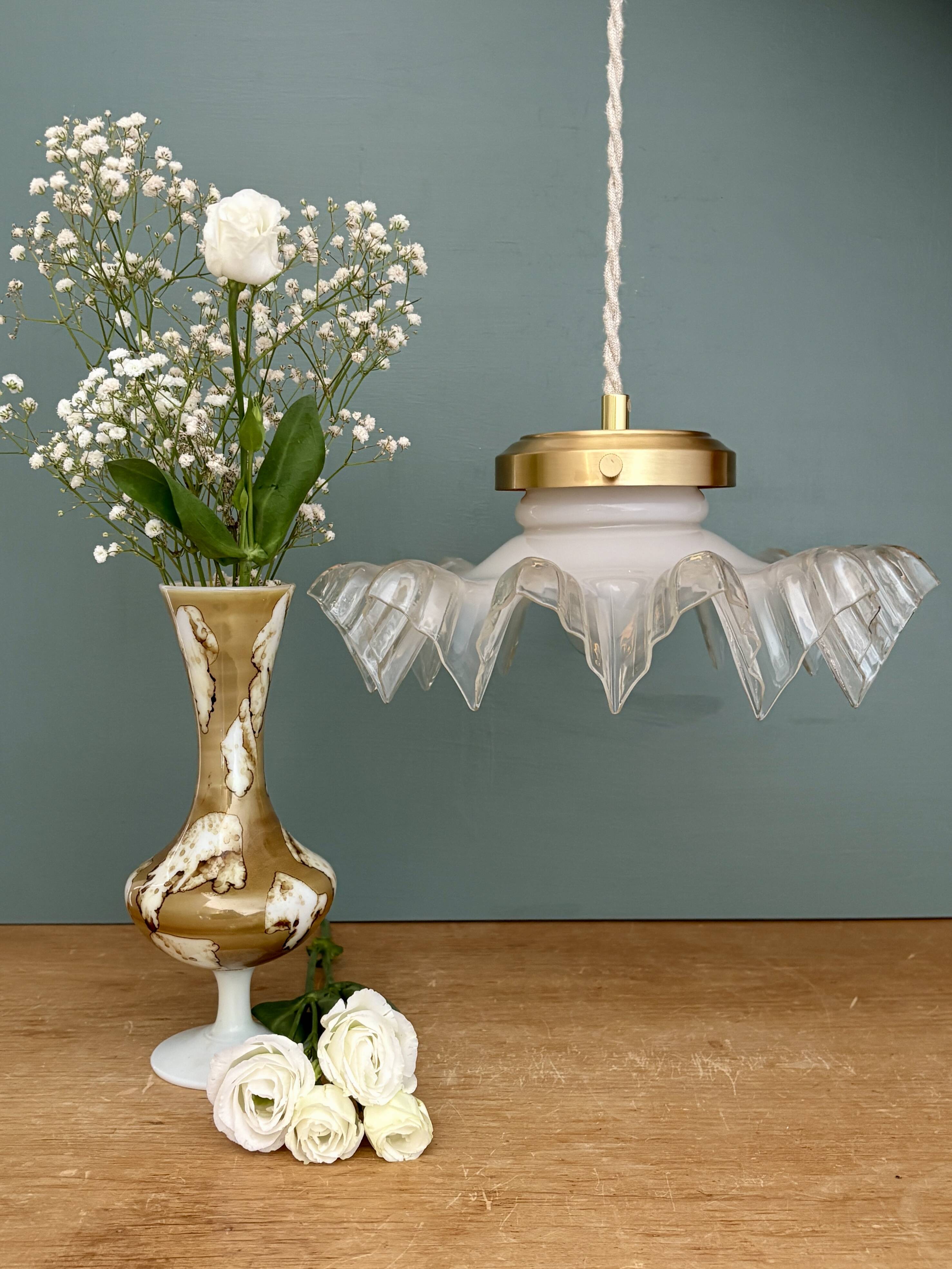 Vintage lace glass pendant lampshade, half white, half transparent